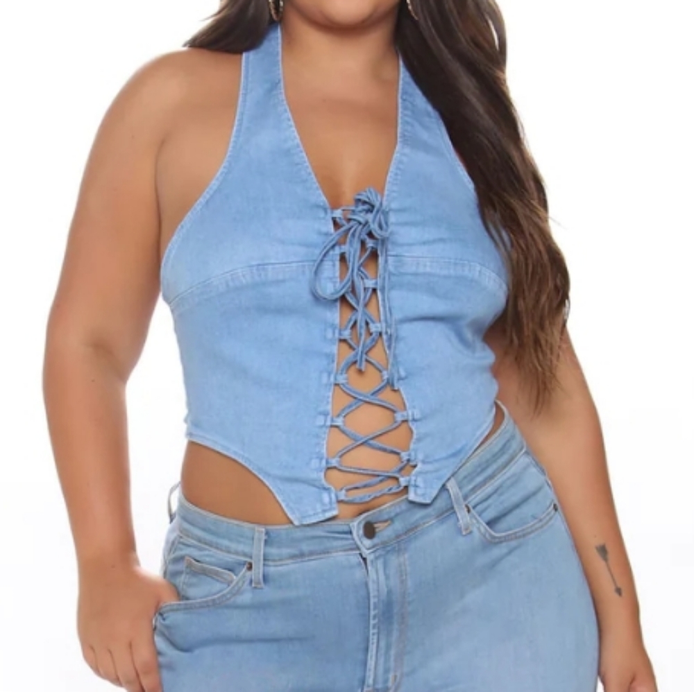 💙Lace up denim top